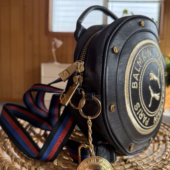 Puma X Balmain Leather Satin Round Backpack Black Gold Streetwear RARE find! - Picture 3 of 15